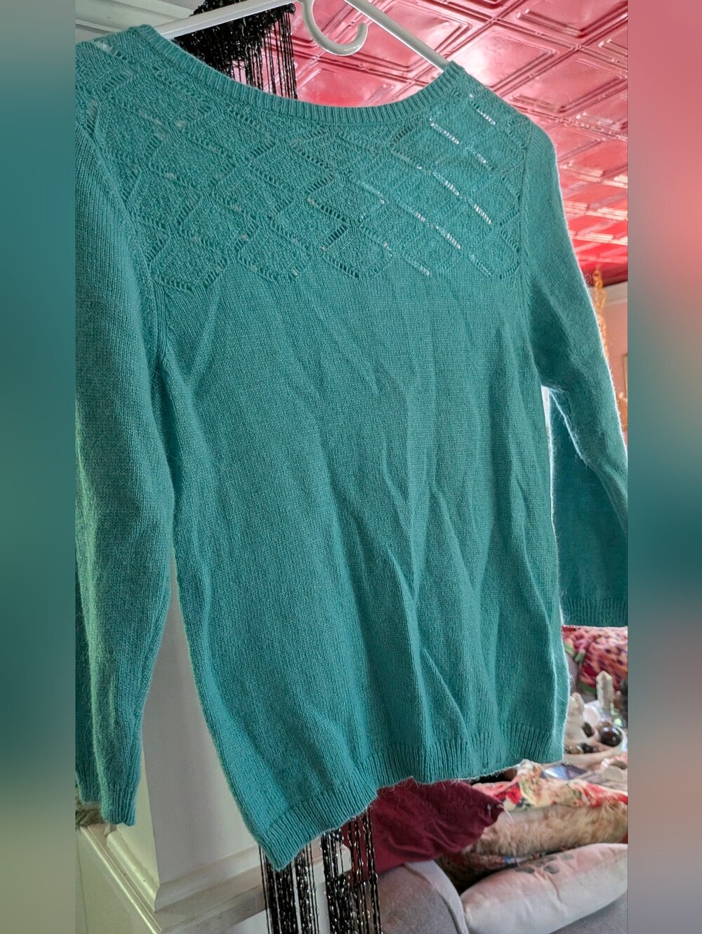 Forever 21 Teal Crewneck Sweater with Lace Yoke